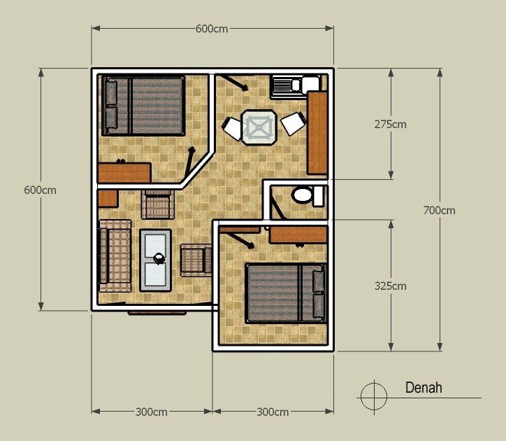 38 Denah rumah minimalis ukuran 6x6 2 kamar