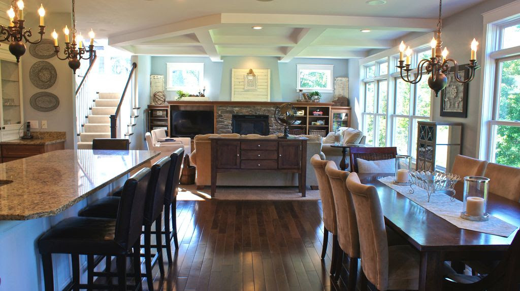 Traditional Great Room with Stair runner, Built-in bookshelf, Box ceiling, Carpet, Open concept, Hardwood floors, Chandelier