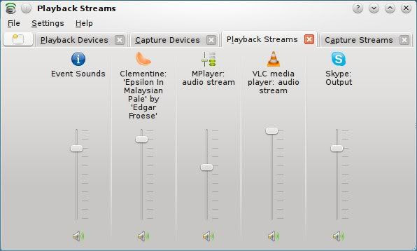 KMix with PulseAudio playback streams KMix showing PulseAudio playback streams tab