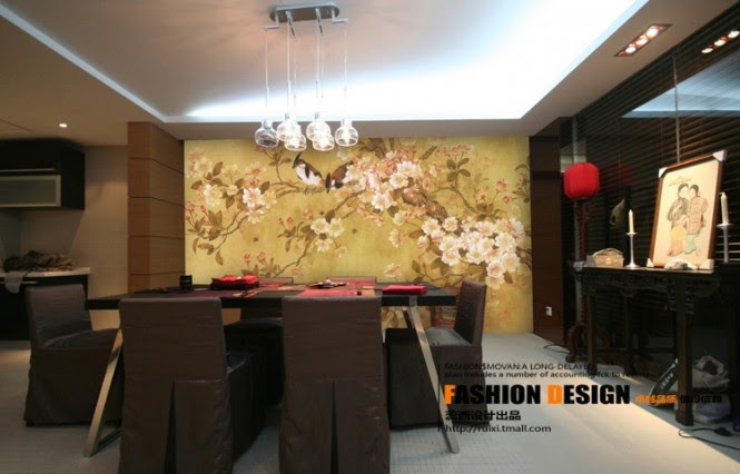 Brown white dining room Nature imagery provides a perfect backdrop in any room of the house; appearing almost as a window to the outdoors when hung behind a dining set, and acting as a softening element when placed behind banks of entertainment equipment and newfangled TV units, in a modern living room.