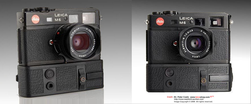 Front view of LEICA M6 electronic with ELMARIT-M 1:2.8/28mm lens incoporrated with an electronic shutter, 1981 prototype model