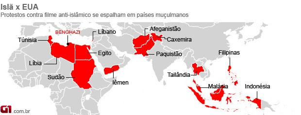 mapa protestos anti-EUA 18/09 (Foto: Editoria de Arte / G1) mapa protestos anti-EUA 18/09 (Foto: Editoria de Arte / G1)