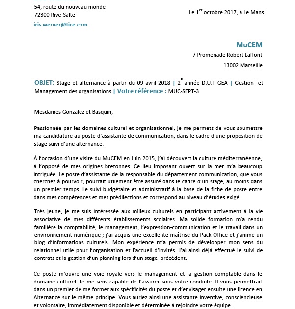 Lettre De Motivation Stage Dut Gea 1ère Année  Richard Torres ejemplo