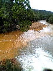 Yellow tailings water mixing with black tannin water beside ABT railway