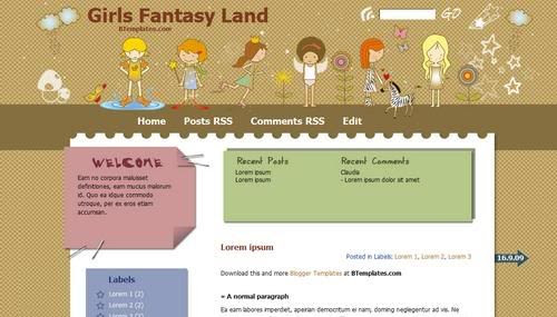 Blogger Cartoon Kids Girls Web2.0 Template