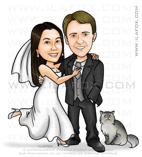Caricatura corpo inteiro, casal, noivos com gato, by ila fox