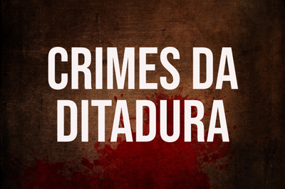 Arte retangular de fundo marrom e vermelho, com a expressão Crimes da Ditadura em letras brancas.