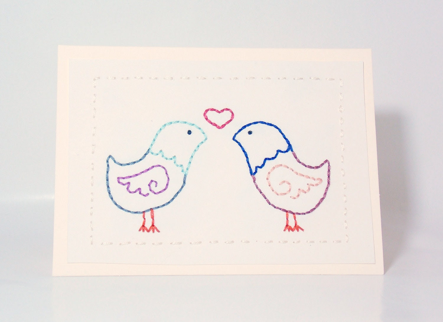 Hand Embroidered Card Love Birds Any Occasion Heart Wedding Anniversary Couple Engagement - sleepingfoxstitchery Hand Embroidered Card Love Birds Any Occasion Heart Wedding Anniversary Couple Engagement - sleepingfoxstitchery