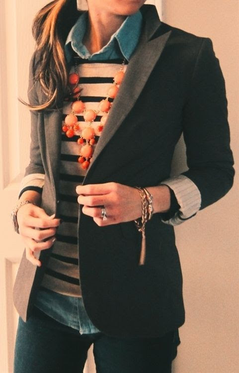 Chambray button up, striped blouse, orange statement necklace, black blazer, gold jewelry, side pony