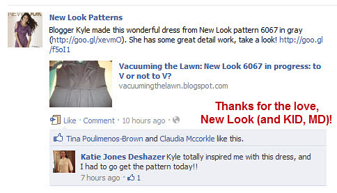 New Look's Facebook page on 1/17/12 with my NL 6067 in progress dress:  Thanks for the love, New Look!