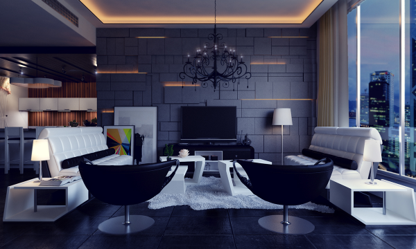 A twisted metal chandelier and dark walls give this living room an eerie gothic feel.
