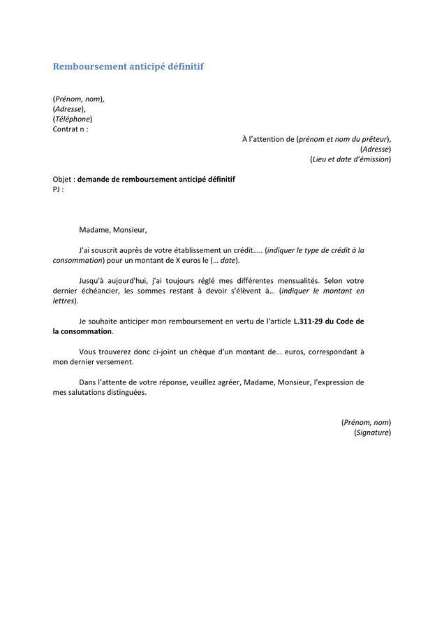 Modèle De Lettre Remboursement Par Anticipation Dun Prêt  Exemple de