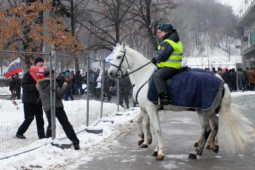 Конная полиция загоняет назад гражданина, пытавшегося улизнуть с шествия за Путина
