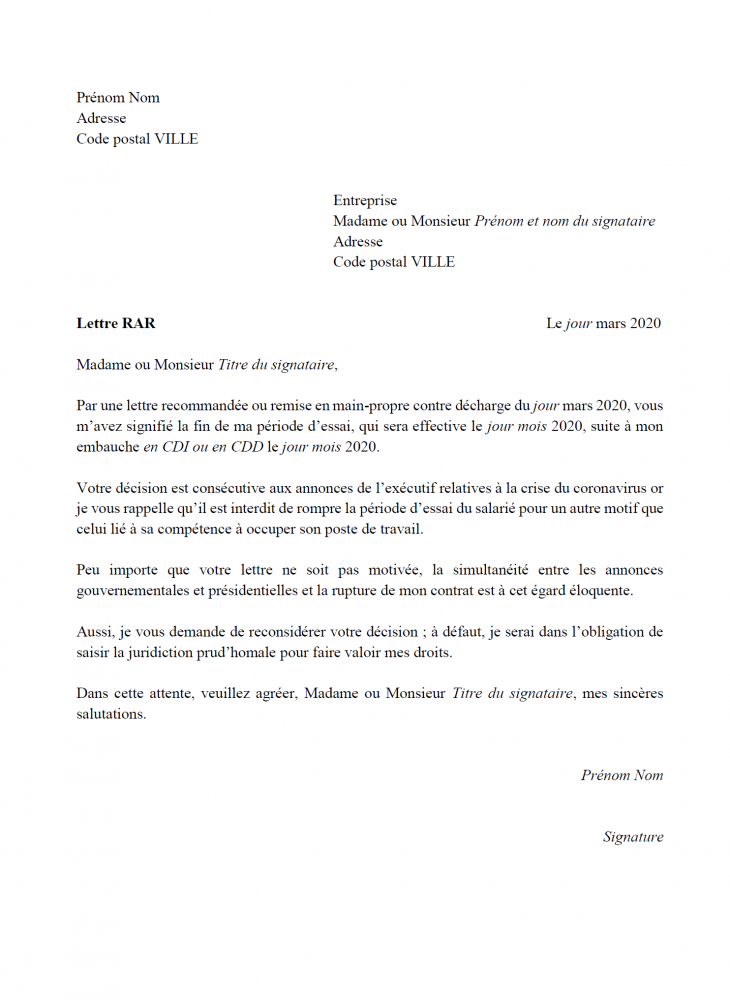 Modèle Lettre De Démission En Période D'essai
