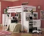 Bedroom. Large White Loft Bed With Desk Beside The Pink Wall ...