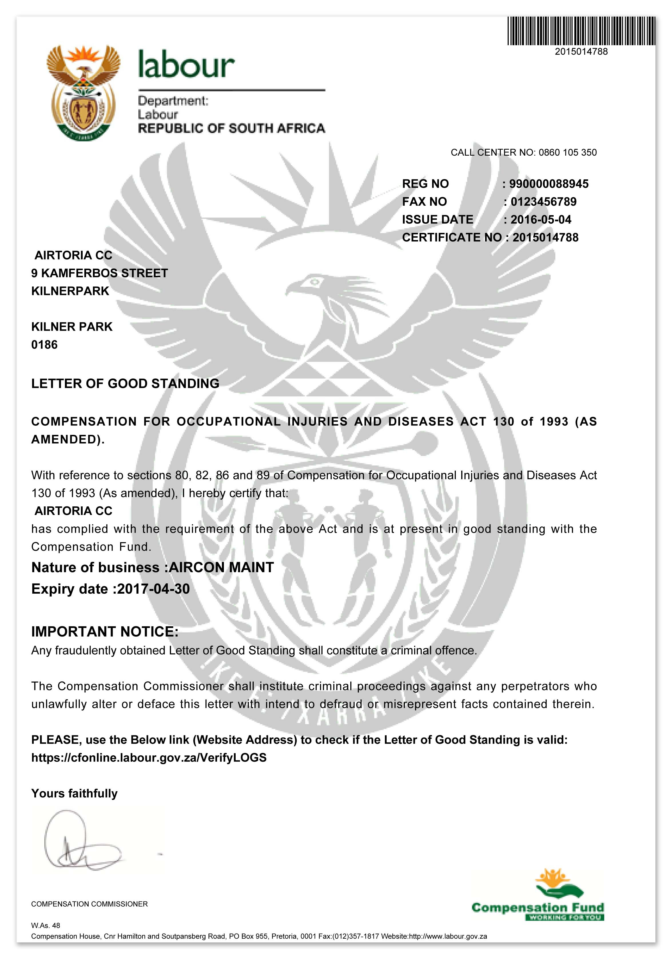 Letter Of Good Standing Labour Department - certify letter