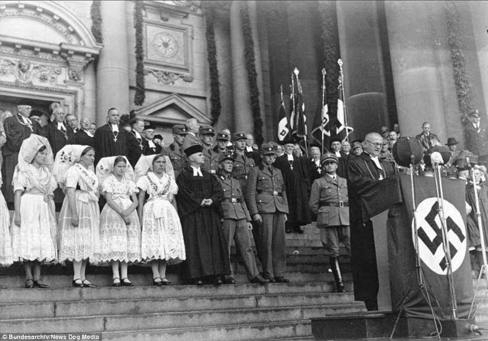 Reich Bishop Ludwig Muller, pictured in
                        Berlin Cathedral in September 1934, was an early
                        supporter of the Nazi Party. He attempted to
                        combine elements of Christianity with Nazi
                        philosophy, including the claim that Jesus was
                        an Aryan 