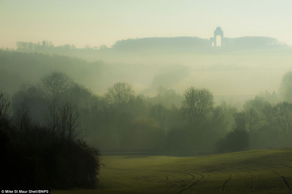 Fog of war: Mike St Maur Sheil's picture of a misty winter morning on the Somme - looking towards Lutyens Thiepval memorial in Picardie, France