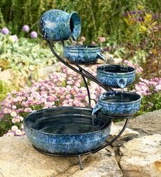 Blue Glazed Solar-Powered Cascade Fountain with Ceramic Bowls and Metal ...