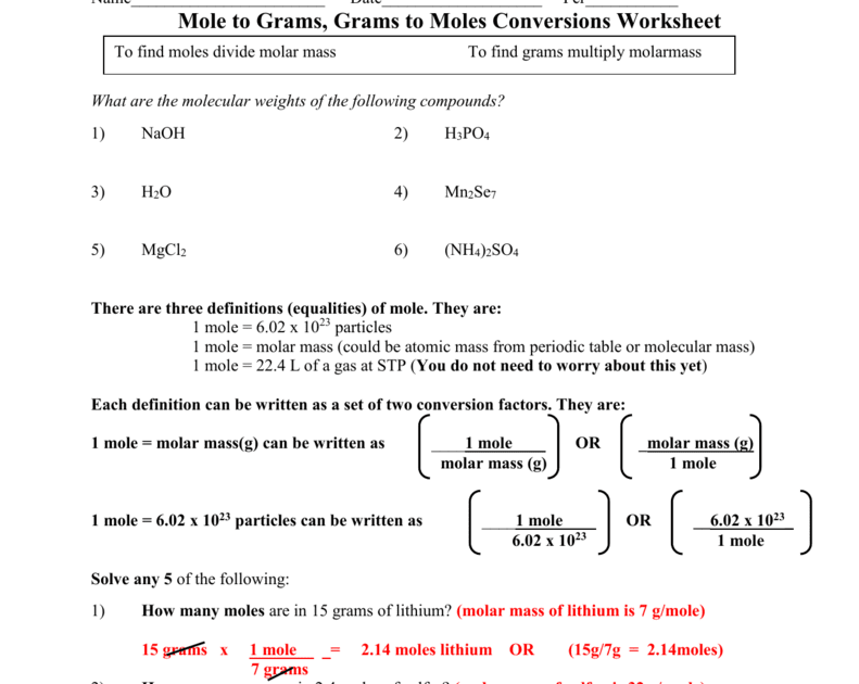 Mole Worksheet 2 - worksheet