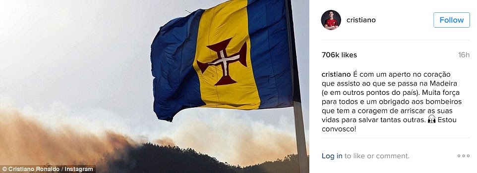 Cristiano Ronaldo postou uma imagem dos fogos com a bandeira da Madeira em sua conta Instagram e, claro, tem 706.000 gostos dentro de horas. Ele agradeceu aos bombeiros para 'arriscando suas vidas para salvar outras pessoas'
