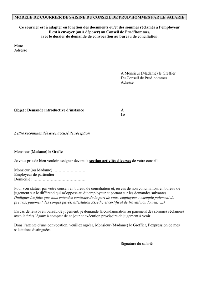Modele Lettre De Demission Conseiller Prud'homme