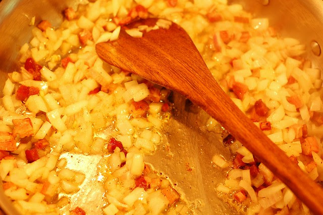 Sauteeing onions and bacon chunks by Eve Fox, Garden of Eating blog copyright 2012
