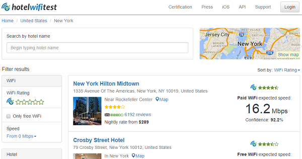 HotelWiFiTest.com ranks hotels' Wi-Fi speed and shows hotels with free Wi-Fi.