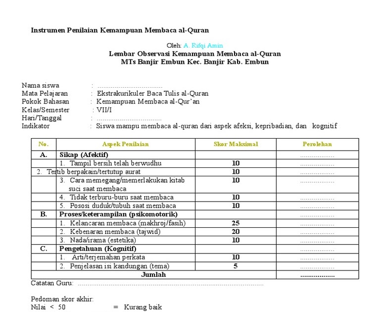 Format Penilaian Bacaan Al Quran Inti Soal
