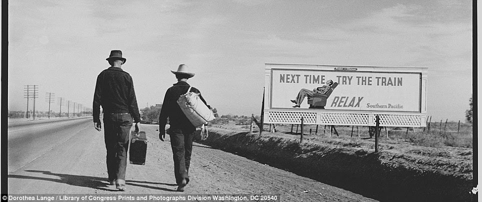 Long road ahead: Migrant workers walk from farm to farm looking for jobs in Southern California in 1937