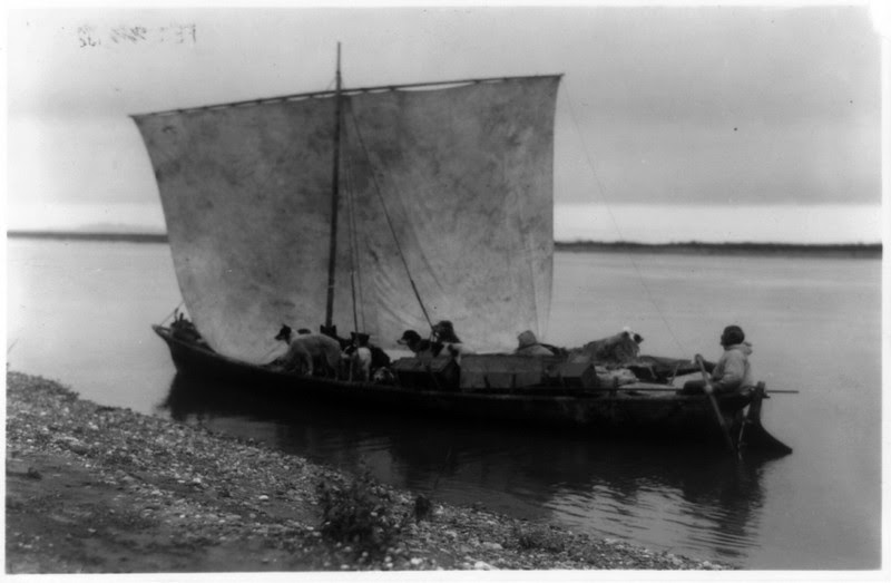 Description of  Title: Arriving home - Noatak.  <br />Date Created/Published: c1929.  <br />Summary: Eskimo and dogs in sailboat.  <br />Photograph by Edward S. Curtis, Curtis (Edward S.) Collection, Library of Congress Prints and Photographs Division Washington, D.C.