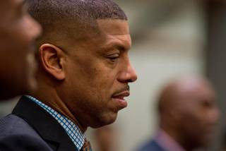 Sacramento Mayor Kevin Johnson listens to speeches during his farewell reception at City Hall on Tuesday.