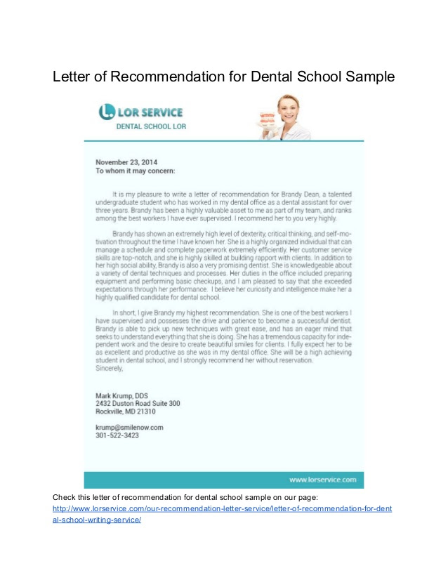 Sample Recommendation Letter For Dental School From Professor 