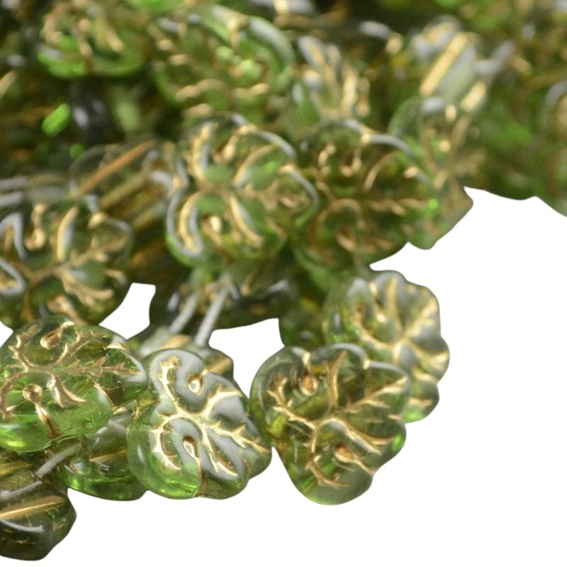 s43898 Glass Leaves - 13 mm 2 Hole Maple - Peridot (strand 25)