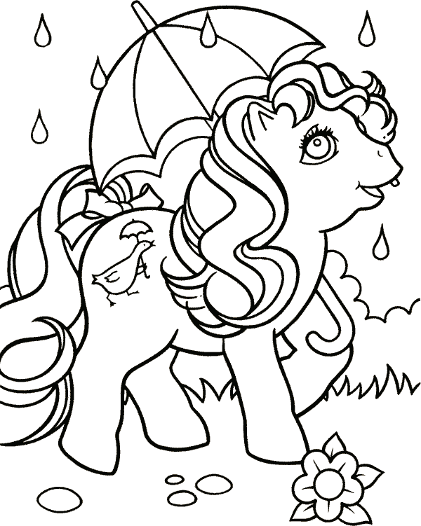 My Little Pony Coloring Pages of horsey in the rain with umbrella.