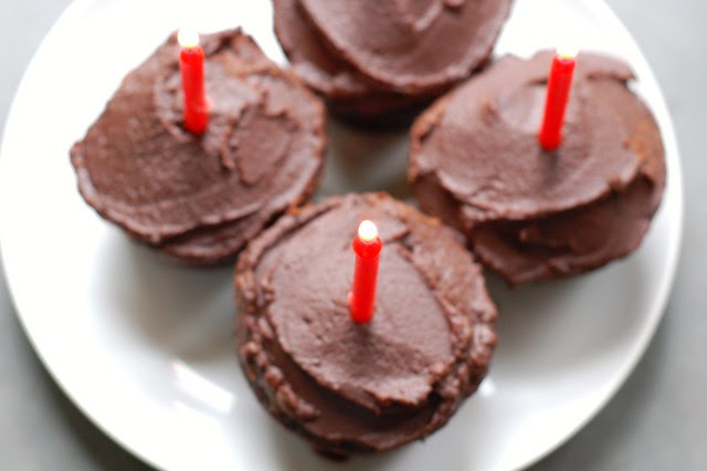 Chocolate cupcakes with red candles by Eve Fox, Garden of Eating blog, copyright 2013