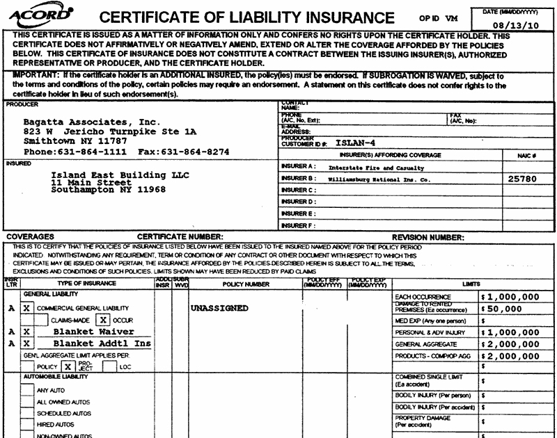 Fake General Liability Insurance Form Insurance Forms
