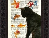 Cat Lover Print Black Cat with Goldfish Print on repurposed vintage page Book Art Print Mixed Media - ForgottenPages Cat Lover Print Black Cat with Goldfish Print on repurposed vintage page Book Art Print Mixed Media - ForgottenPages