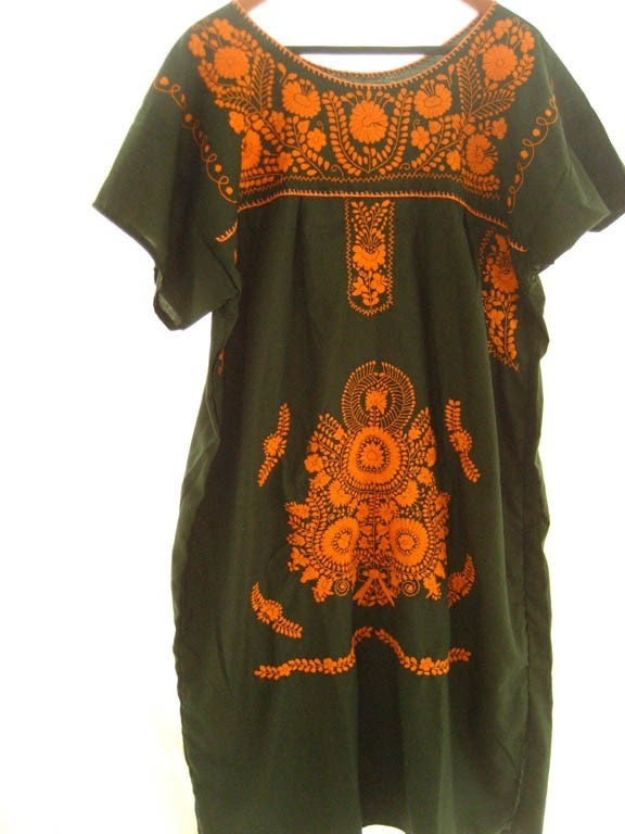 Mexican Embroidered Dress Tunic stylish hippie chic GREEN ORANGES S-M-L-XL