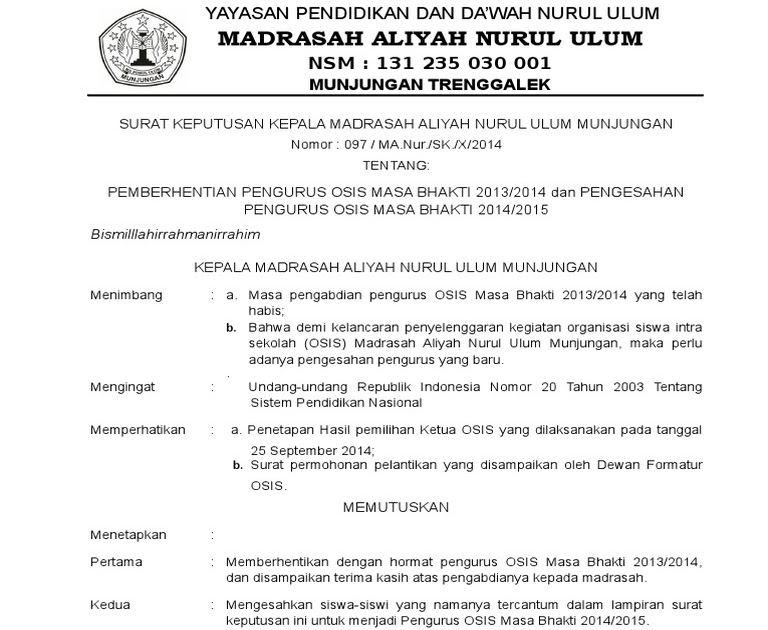 Contoh Surat Pemecatan Anggota Osis