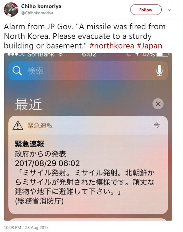 The warning text to citizens said: 'A missile was fired from North Korea. Please evacuate to a sturdy building or basement.'
