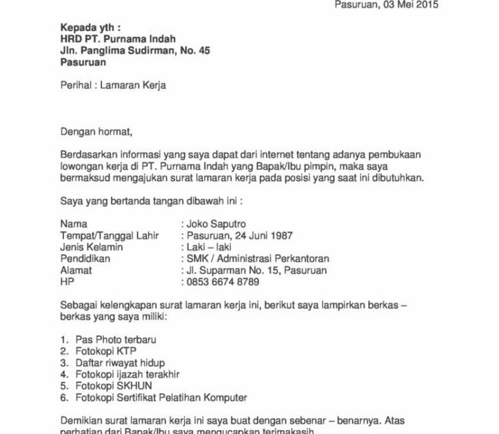 Contoh Surat Lamaran Kerja Pt Chang Shin