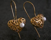 Gold Heart Pearl Earrings, heart jewelry, valentines day Wonderland Gold Spiral Heart with Pearl Earrings - gazellejewelry