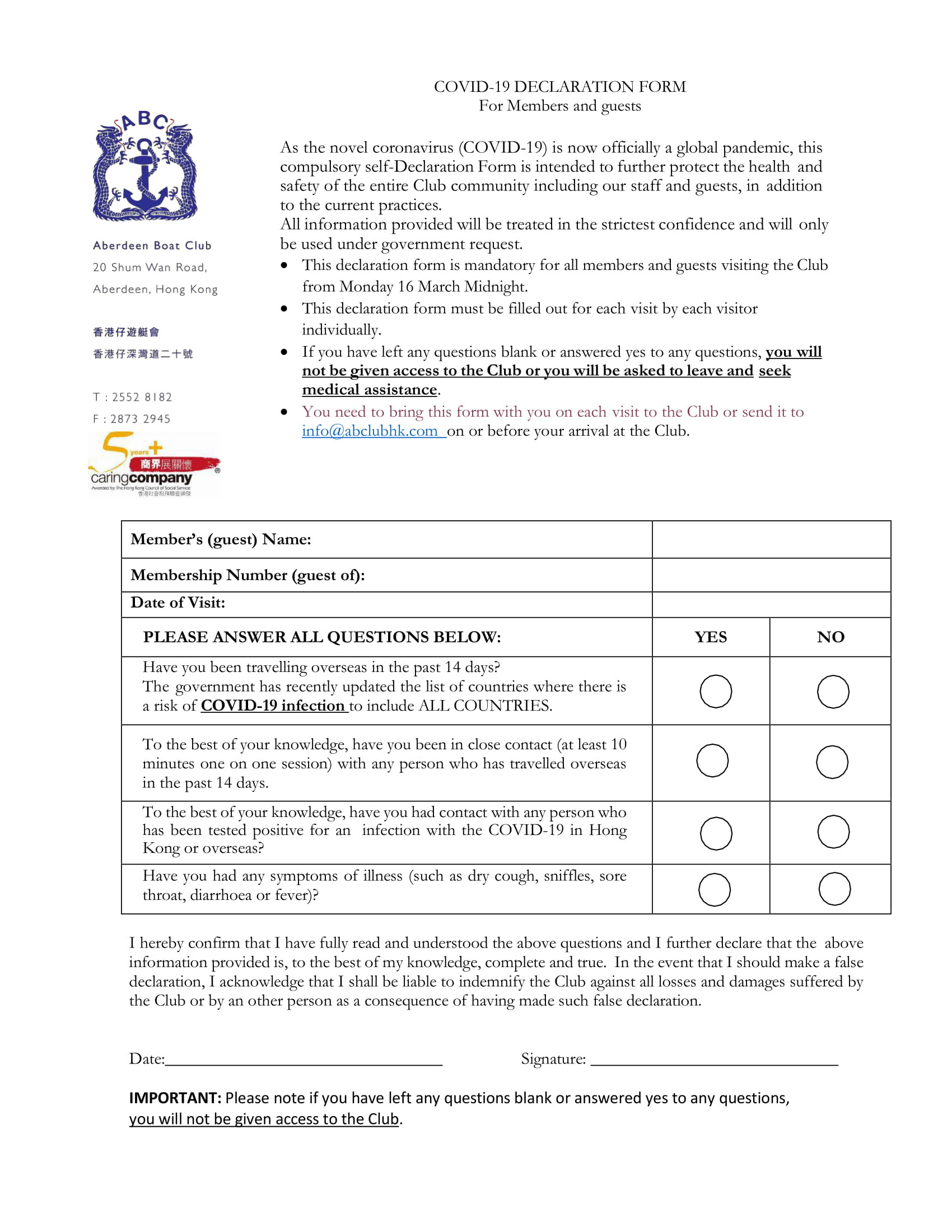 e travel declaration and health status form