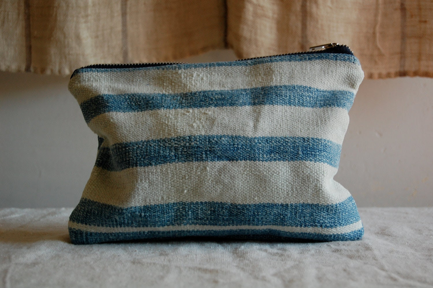 woven blue white stripe zip purse pouch - enhabiten