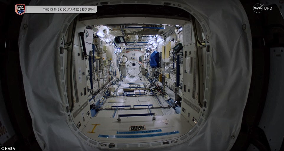 The Kibo Japanese module on the station. The Kibo Japanese module on the station. Experiments in Kibo focus on space medicine, biology, Earth observations, material production, biotechnology and communications research.