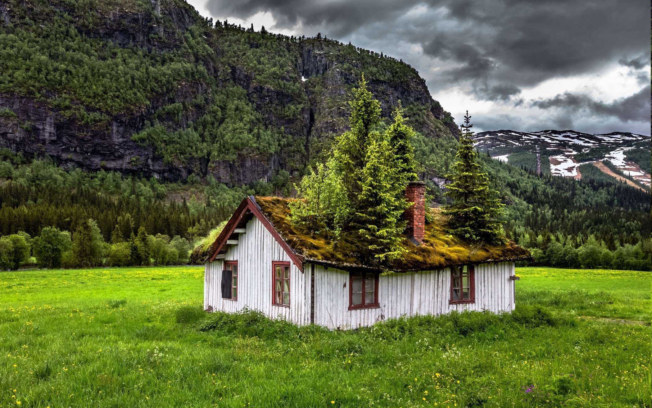 landscape, Nature, Summer, Abandoned, Norway, Grass, Clouds, Mountain, House, Trees, Green landscape, Nature, Summer, Abandoned, Norway, Grass, Clouds, Mountain, House, Trees, Green