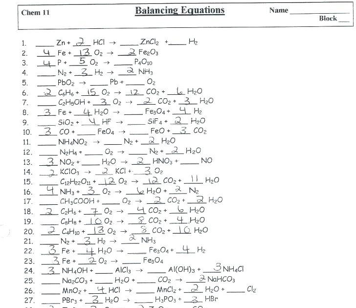 Chemistry Balancing Equations Practice Worksheet Answer Key Balancing Equations Practice 