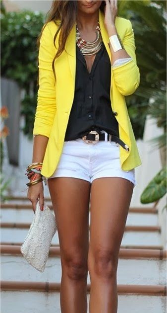 Attractive fashion yellow blazer, black shirt and white short