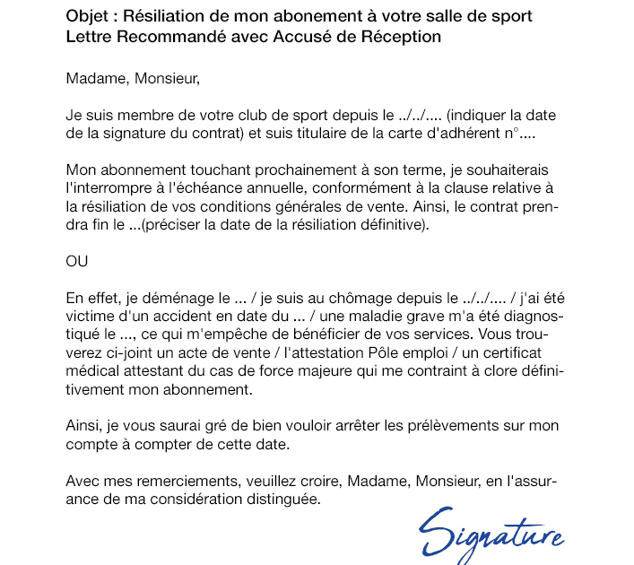 lettre résiliation abonnement sport